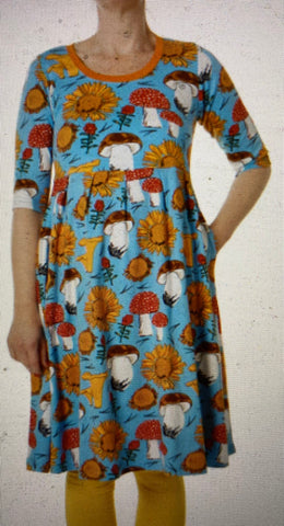 Duns Sunflower and Mushroom Blue Dress Mummy Scooped Neckline